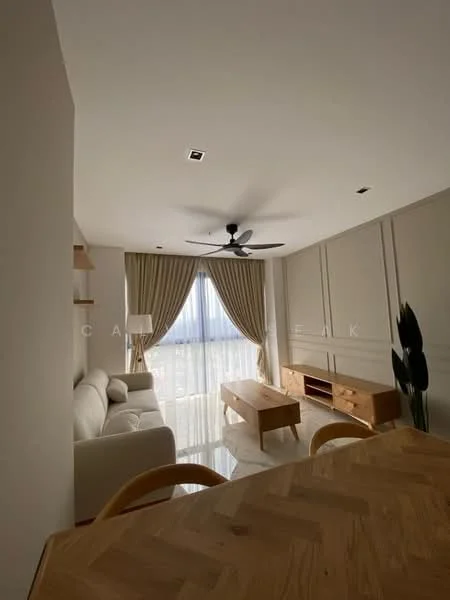 Living features: 3-seater fabric sofa in white, wooden coffee table, TV console with storage, floor-to-ceiling windows, sheer curtains, 5-blade ceiling fan with light, marble flooring, decorative wall paneling, houseplant in ceramic pot; style: modern; view: city.