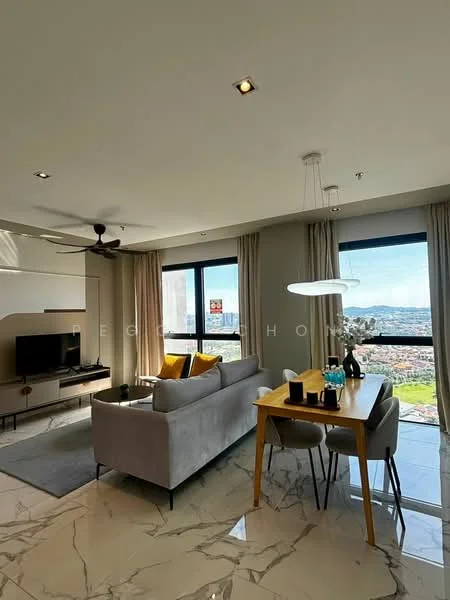 Living features: 3-seater fabric sofa in grey, yellow accent cushions, coffee table, wall-mounted TV, TV console, area rug, 5-blade ceiling fan, recessed downlights, floor-to-ceiling windows, curtains, dining table for 2, decorative vase with flowers, decorative wall art; style: modern; view: city.