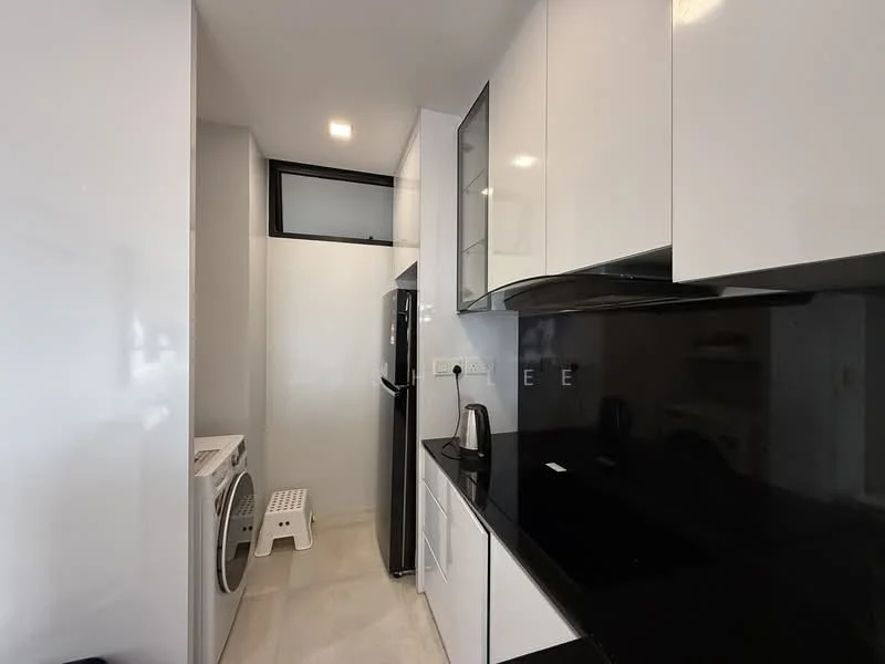 Kitchen features: black granite countertop, white high-gloss cabinetry, built-in refrigerator, built-in oven, stainless-steel kettle, washing machine, white step stool, black backsplash, recessed downlights, single-bowl stainless-steel sink, chrome pull-down faucet; style: modern.