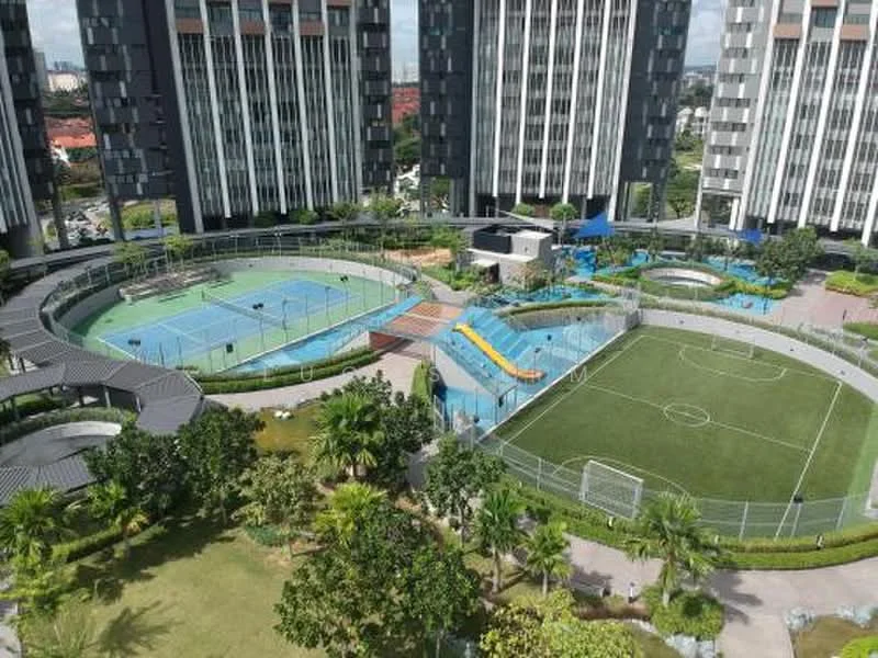 Exterior type: high-rise condominium; features: swimming pool, children's playground, tennis court, basketball court, landscaped garden, manicured lawn, walking paths, outdoor seating areas, security fencing, surrounding greenery; style: modern.