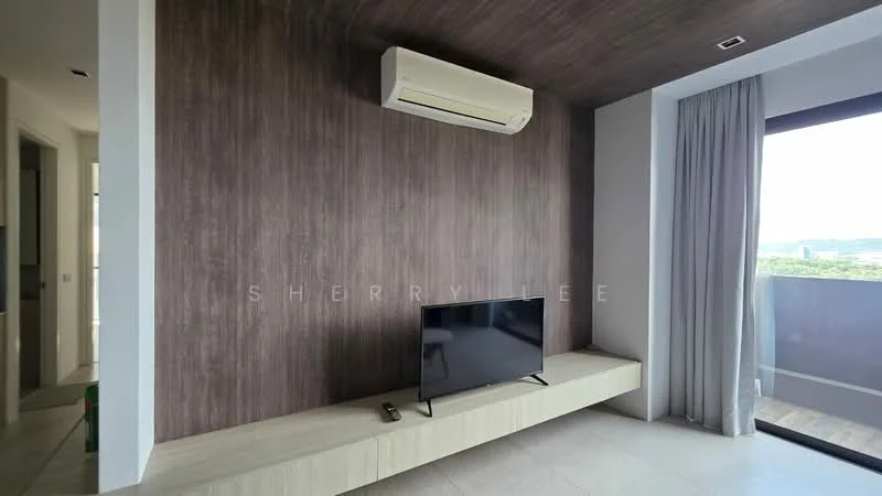 Living features: wall-mounted TV, light wood TV console, exposed wood accent wall, cream painted walls, floor-to-ceiling windows, curtains, 1 wall-mounted split AC, tile flooring; style: modern; view: city.