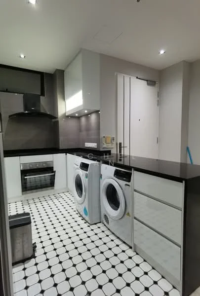 Laundry features: black countertop, white cabinetry, built-in oven, stainless-steel range hood, 2 front-load washing machines, black and white hexagonal tile flooring, grey wall tiles, recessed downlights; style: modern.