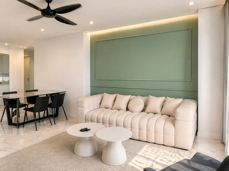 Living features: beige tufted sofa, 2 round coffee tables in white, area rug in light grey, 5-blade ceiling fan, recessed downlights, green accent wall, marble tile flooring, floor-to-ceiling windows with sheer curtains; style: modern; view: city.