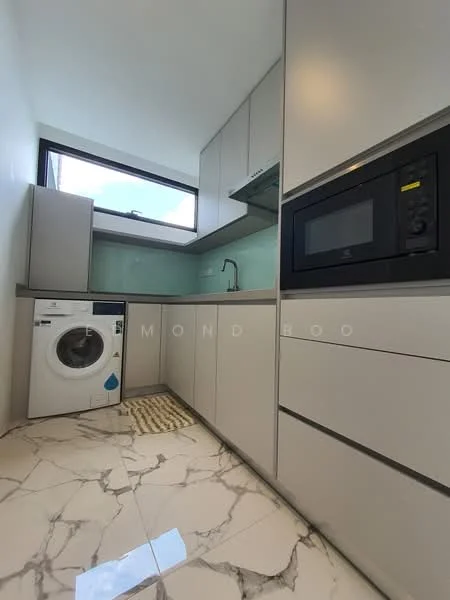Laundry features: white cabinetry, grey countertop, single-bowl stainless-steel sink, chrome pull-down faucet, built-in microwave, front-load washing machine, marble tile flooring, window with natural light; style: modern.