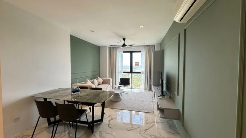 Living features: light green painted walls, marble tile flooring, 5-blade ceiling fan with light, sofa in beige fabric, coffee table, TV console, wall-mounted TV, area rug, floor-to-ceiling windows, curtains, dining table with marble top, 4 dining chairs; style: modern; view: city.