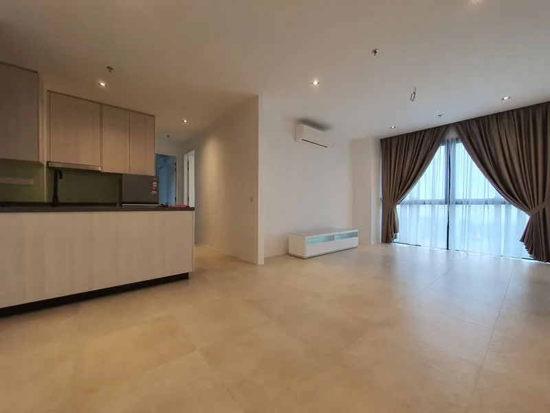 Living features: cream tiled flooring, white painted walls, recessed downlights, floor-to-ceiling windows, sheer curtains, wall-mounted air conditioning unit, built-in cabinet, open layout to kitchen; style: modern. Kitchen features: laminate cabinetry, black countertop, stainless-steel fridge, built-in oven, ceramic cooktop; style: modern.