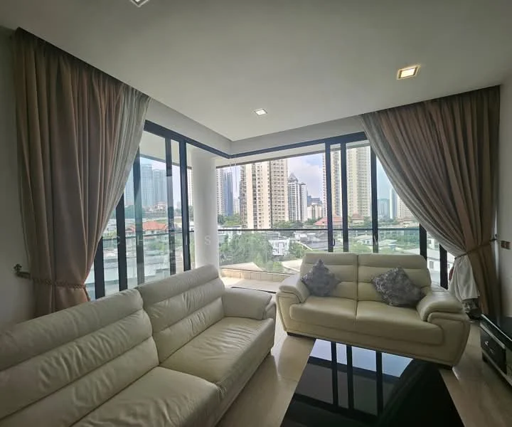 Living features: white leather 3-seater sofa, white leather 2-seater sofa, black coffee table, floor-to-ceiling windows, sheer curtains, brown drapes, marble flooring, city skyline view; style: modern; view: city.