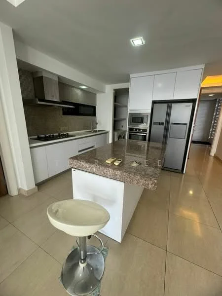 Kitchen features: white cabinetry, granite countertop, stainless-steel sink, chrome pull-down faucet, built-in oven, freestanding range oven, stainless-steel fridge, ceramic tile flooring, recessed downlights, kitchen island with seating, backsplash with textured tiles, microwave, open shelving, wall-mounted cabinets; style: modern.