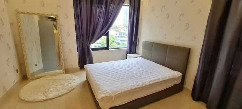 Bedroom features: king-size bed, upholstered headboard, white bed linens, large mirror with ornate frame, floor-to-ceiling window, purple sheer curtains, beige wallpaper with subtle pattern, cream area rug, nightstand, tile flooring; style: modern; view: garden.