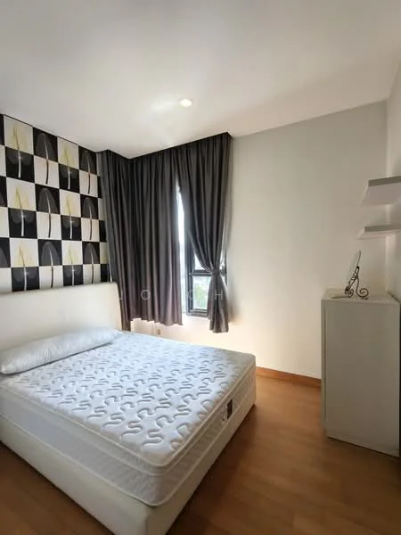Bedroom features: queen-size bed with mattress, black and white patterned accent wall, light grey painted walls, dark grey curtains, floor-to-ceiling window, wooden flooring, white bedside cabinet, shelf unit on wall, recessed ceiling lights; style: modern; view: city.