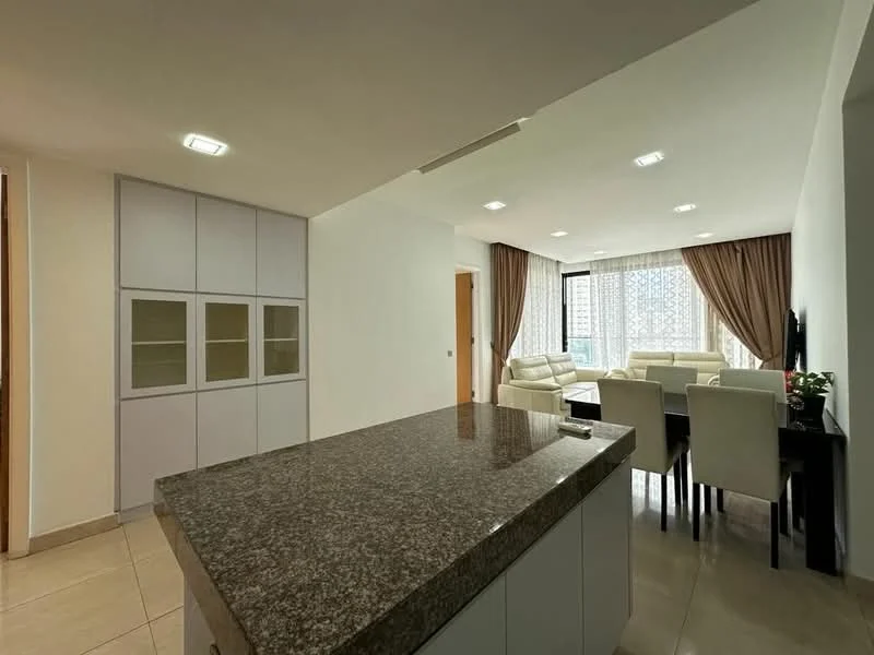 Kitchen features: granite countertop, grey cabinetry with glass-front upper cabinets, stainless-steel appliances, open layout to living area, tile flooring, recessed downlights; style: modern. Living features: sofa set in cream, coffee table, dining table with upholstered chairs, floor-to-ceiling windows with sheer curtains, light brown curtains, tile flooring, recessed downlights; style: modern; view: city.