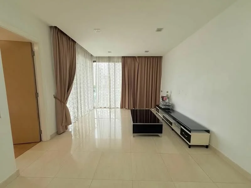 Living features: cream painted walls, white ceiling, floor-to-ceiling windows, sheer curtains, light brown curtains, polished ceramic tile flooring, black TV console, coffee table, decorative items on console; style: modern; view: garden.