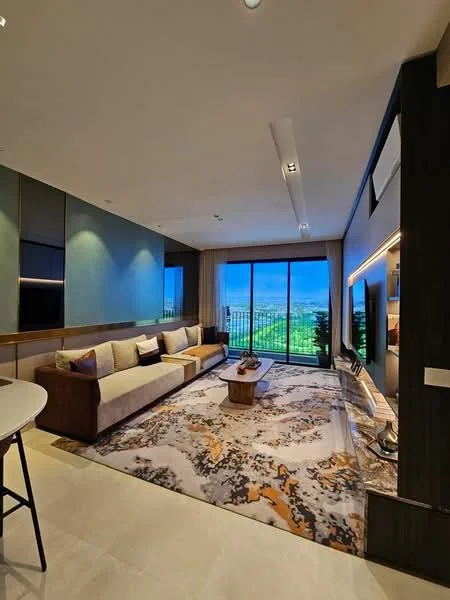 Living features: large floor-to-ceiling windows, sliding glass door, 3-seater fabric sofa in beige, coffee table, area rug with abstract pattern, wall-mounted TV, entertainment unit, recessed downlights, decorative wall paneling, city view, light-colored walls, marble flooring; style: modern; view: city.