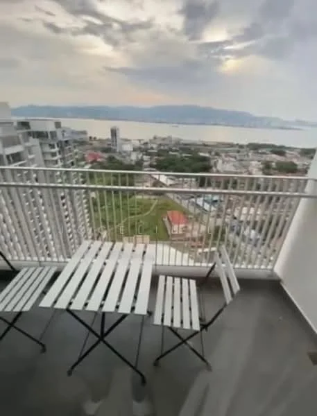 Balcony features: metal railing, grey flooring, outdoor dining table, two folding chairs, city view, sea view, mountain view, overcast sky; style: modern; view: city.