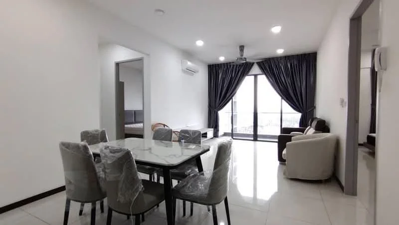 Living features: floor-to-ceiling windows, sliding glass door, curtains, 5-blade ceiling fan with light, wall-mounted air conditioning unit, sofa in cream, armchair in cream, coffee table, TV console, area rug, dining table with 6 chairs, white painted walls, tile flooring; style: modern; view: city. Room features: doorway leading to bedroom, grey accent wall.