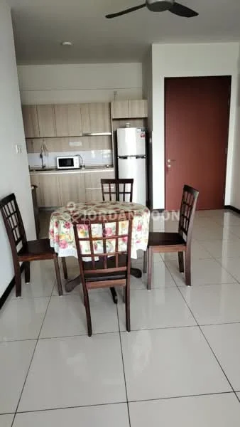 Dining features: 4-seater wooden dining table, floral tablecloth, 4 wooden dining chairs, white tiled flooring, light grey painted walls, ceiling fan, built-in kitchen cabinetry, stainless-steel fridge, microwave, kitchen countertop; style: modern. Kitchen features: built-in kitchen cabinetry, stainless-steel fridge, microwave, kitchen countertop; style: modern.