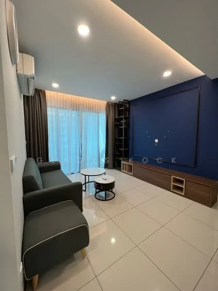 Living features: grey fabric 3-seater sofa, white round coffee table, flat-screen TV mounted on wall, dark wood TV console, white tiled flooring, recessed LED downlights, floor-to-ceiling windows with sheer curtains, dark grey accent wall, light wood shelving unit, air conditioning unit on wall; style: modern.