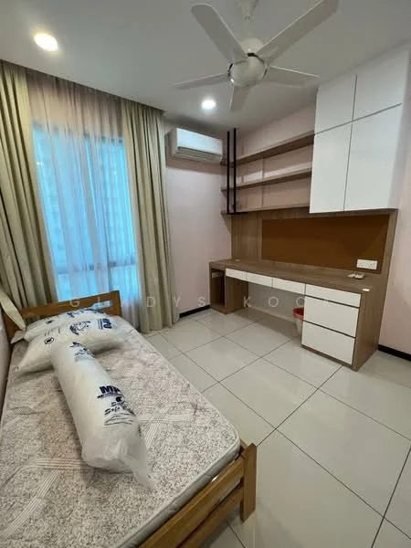 Bedroom features: queen-size bed, bedding with pillows, wooden bed frame, built-in wardrobe with white doors, study desk with wooden surface, wall-mounted shelves, floor-to-ceiling window, sheer curtains, wall-mounted split AC, ceiling fan, light-colored walls, glossy tile flooring; style: modern.