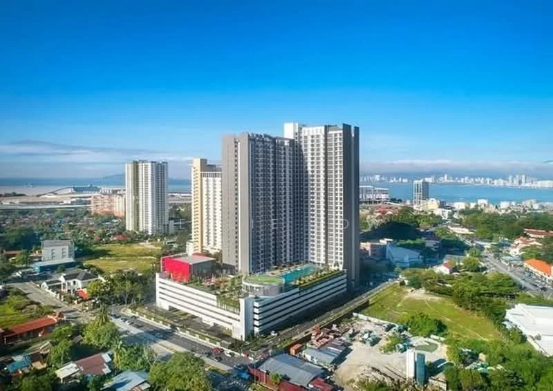 Exterior type: high-rise condominium; features: glass curtain wall, projecting balconies, infinity pool on rooftop, landscaped garden area, multi-storey car park, surrounded by greenery, urban context with city skyline in background; style: modern.