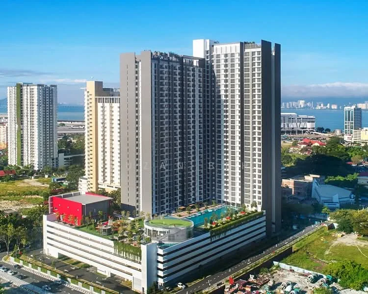 Exterior type: high-rise condominium; features: glass curtain wall, projecting balconies, infinity pool, pool deck with loungers, landscaped garden, multi-storey car park, manicured lawn, surrounded by mature greenery, adjacent to waterfront, urban context with skyline view in background; style: modern.