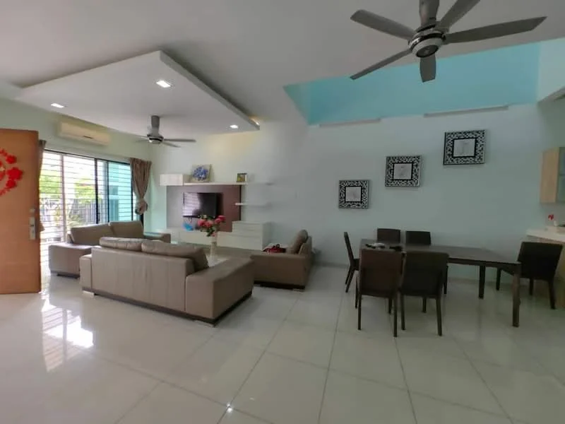 Living features: 5-blade ceiling fan with light, sofa in beige leather, 2-seater sofa, 3-seater sofa, coffee table, wall-mounted TV, TV console, area rug, decorative wall art, floor-to-ceiling windows, curtains, white painted walls, polished tile flooring, recessed downlights; style: modern; view: garden. Dining features: dining table for 6, upholstered dining chairs, white cabinetry, open layout, polished tile flooring; style: modern; view: garden.