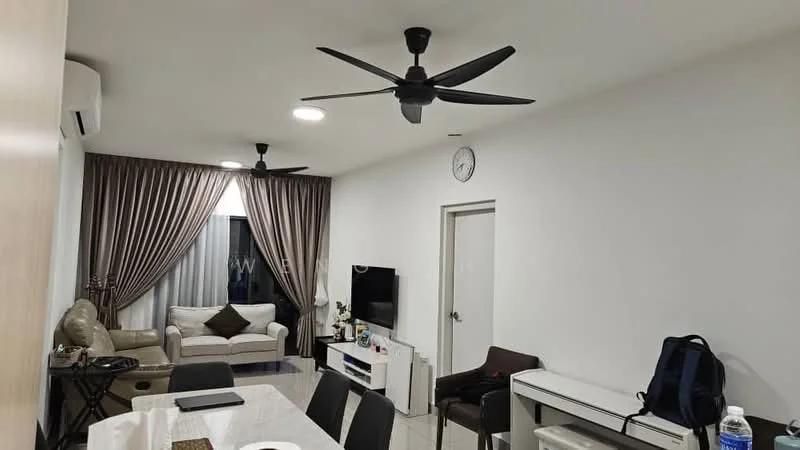 Living features: 5-blade ceiling fan with light, wall-mounted TV, white painted walls, cream curtains, light-colored sofa, black accent pillow, dining table with chairs, clock on the wall, floor tiles, sliding glass door, desk with chair, decorative items on side table; style: modern.
