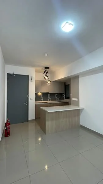 Kitchen features: island countertop with wood finish, grey cabinetry, stainless-steel sink, chrome pull-down faucet, built-in oven, ceramic tile flooring, recessed downlights, pendant light fixture, fire extinguisher, wall-mounted cabinet, open layout, neutral wall color; style: modern.