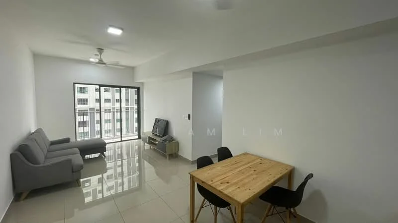 Living features: grey fabric sofa, 2-seater sofa, wooden dining table, 4 black dining chairs, flat-screen TV on stand, ceiling fan, white painted walls, glossy tile flooring, floor-to-ceiling windows, natural light from windows; style: modern; view: city.