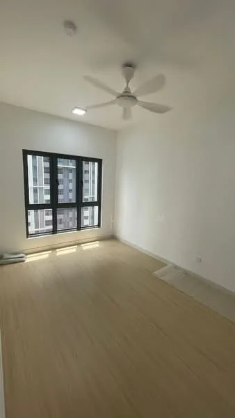Room features: white painted walls, light wood flooring, 5-blade ceiling fan, floor-to-ceiling windows, city view, recessed downlight, window treatments not visible, no visible furniture; style: modern; view: city.