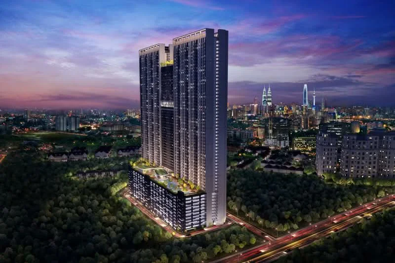 Exterior type: high-rise condominium; features: glass curtain wall, recessed balconies, feature lighting at night, surrounded by mature greenery, urban skyline view, multiple storeys, landscaped garden at base; style: modern.