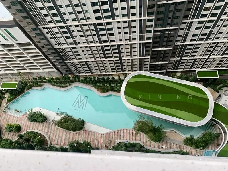 Exterior type: high-rise condominium; features: infinity pool, landscape garden, pool deck with loungers, manicured landscaping, water feature, surrounding greenery, modern architectural design, multiple levels of pool areas; style: modern.