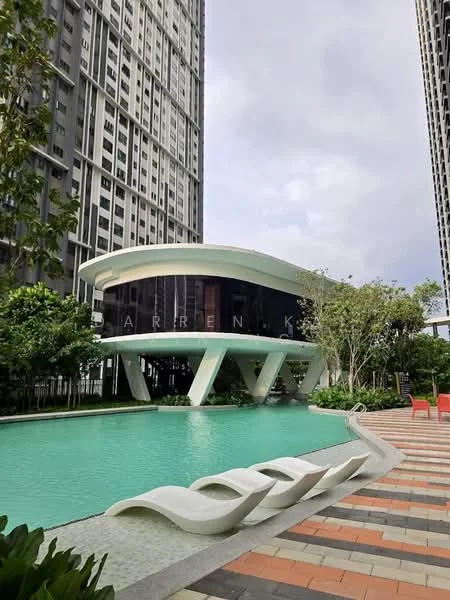 Exterior type: high-rise condominium; features: infinity pool, pool deck with loungers, landscaped garden with trees, modern clubhouse structure, surrounded by high-rise buildings, paved walkway, outdoor seating area; style: modern.