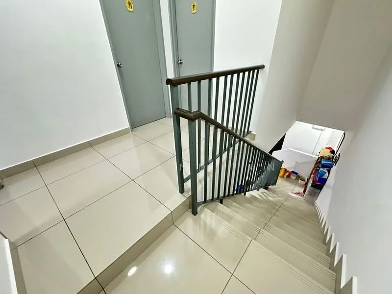 Staircase features: white painted walls, grey handrail, polished ceramic tile flooring, staircase with risers, two closed doors, storage items at the bottom of the stairs; style: modern.