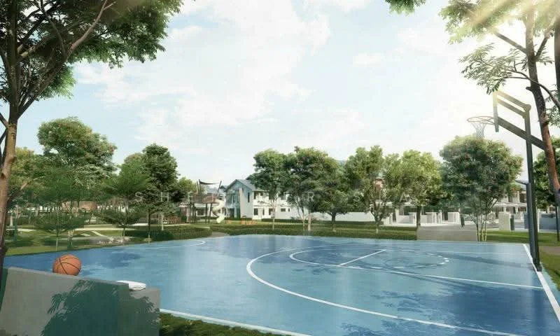 Exterior type: landscape garden; features: outdoor basketball court, blue painted court surface, basketball hoop, surrounding trees, manicured lawn, park benches, residential buildings in background, walking paths; style: modern.