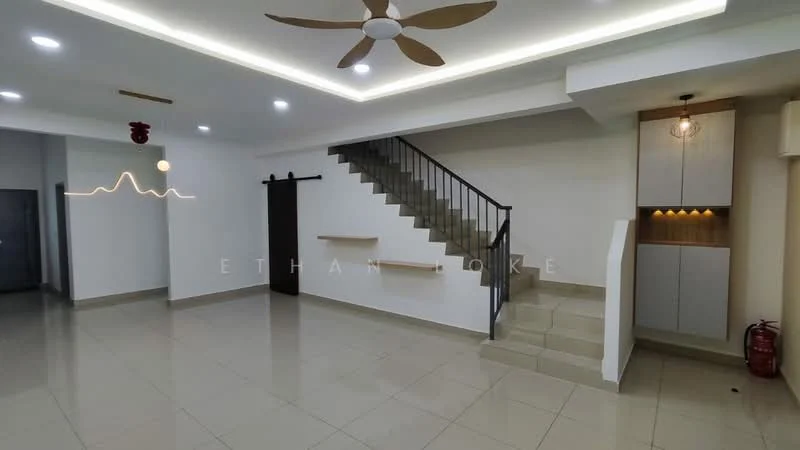 Living features: white painted walls, polished tile flooring, 5-blade ceiling fan with light, recessed LED downlights, staircase with metal railing, built-in cabinetry, wall-mounted decorative feature, fire extinguisher, open layout, natural light from windows; style: modern.