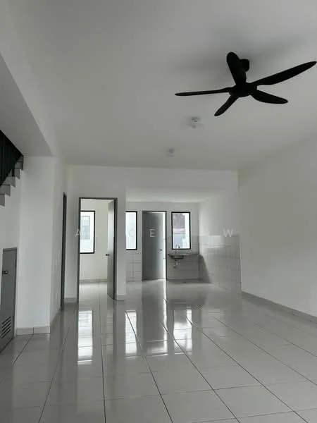 Room features: white painted walls, glossy tile flooring, 5-blade ceiling fan, multiple windows, staircase visible, sink with countertop, light fixtures, doorways leading to other rooms; style: modern.