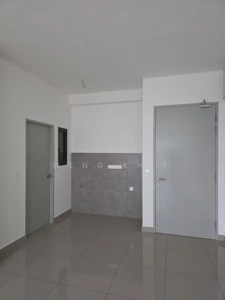 Room features: white painted walls, grey tiled wall, glossy floor tiles, single door, window, light fixture, neutral color scheme; style: modern.