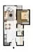 Floor plan: 1-bedroom 1-bathroom unit; features: open-plan kitchen-dining-living, master bedroom with ensuite bathroom, balcony off living room, utility room, central foyer.