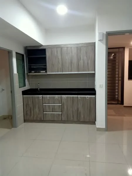 Kitchen features: laminate cabinetry in wood finish, black granite countertop, single-bowl stainless-steel sink, chrome pull-down faucet, built-in upper cabinets, tile backsplash, ceramic tile flooring, recessed downlights; style: modern.