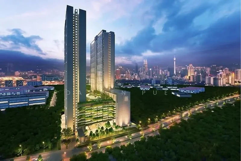 Exterior type: high-rise condominium; features: glass curtain wall, recessed balconies, feature lighting at night, surrounded by mature greenery, urban skyline view, two tall towers, landscaped garden at base, paved walkway, adjacent to main road; style: modern.