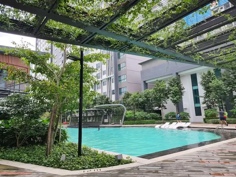Exterior type: high-rise condominium; features: infinity pool, pool deck with loungers, manicured landscaping, tropical trees, covered walkway with greenery, modern architecture, surrounded by residential buildings; style: modern.