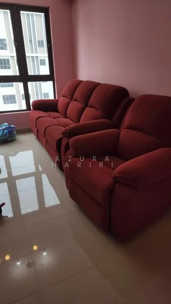Living features: red fabric reclining sofa, glossy tile flooring, pink painted walls, floor-to-ceiling windows, natural light from windows, curtains not visible, decorative ceiling lights; style: modern.