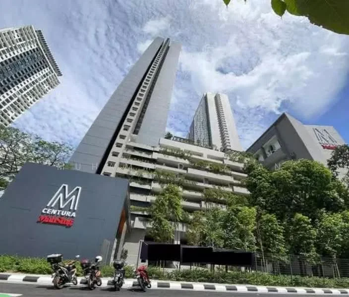 Exterior type: high-rise condominium; features: glass curtain wall, grey painted facade, recessed balconies, vertical fins, surrounded by mature greenery, manicured landscaping, multiple storeys, modern architectural design; style: modern.
