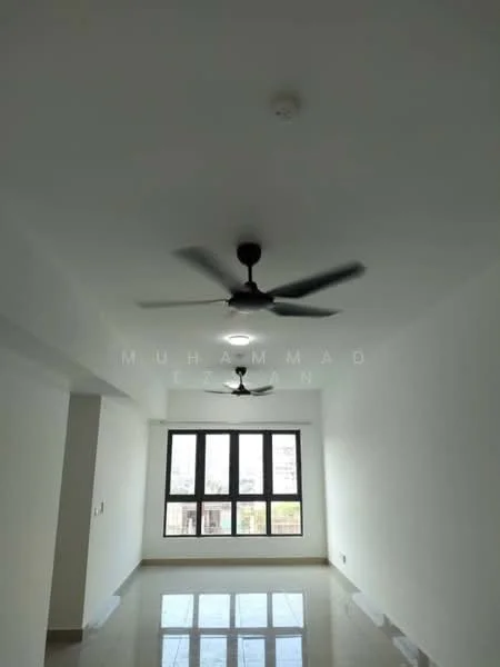 Room features: white painted walls, polished tile flooring, 2 ceiling fans with 3 blades, large windows, natural light, neutral color scheme; style: modern; view: city.