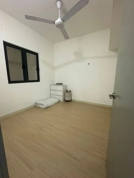 Bedroom features: light wood flooring, white painted walls, ceiling fan, two black-framed windows, built-in dresser, blanket on the floor, minimalist decor; style: modern.