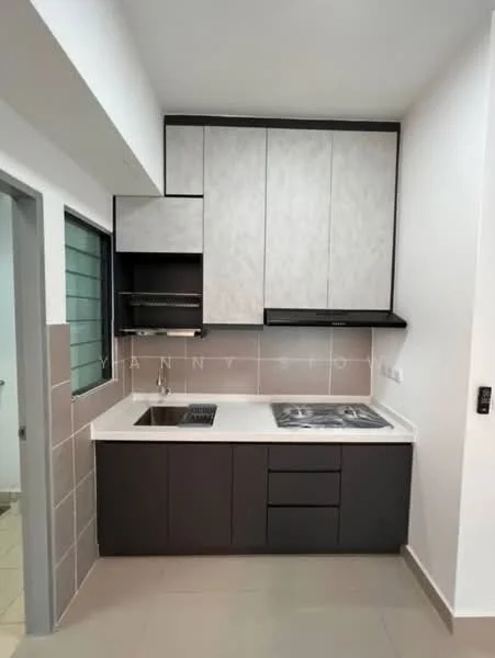 Kitchen features: white and grey cabinetry, stainless-steel sink, chrome pull-down faucet, built-in gas hob, white countertop, grey tile backsplash, under-cabinet lighting, wall-mounted range hood, floor tiles in light grey, open shelving, drawer storage; style: modern.