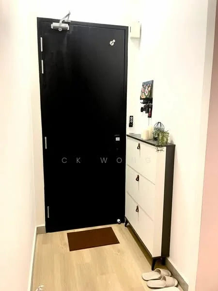 Room features: black front door, light wood flooring, white console table with drawers, decorative items on console table, wall-mounted key holder, shoe mat, slippers on floor, white walls; style: modern.