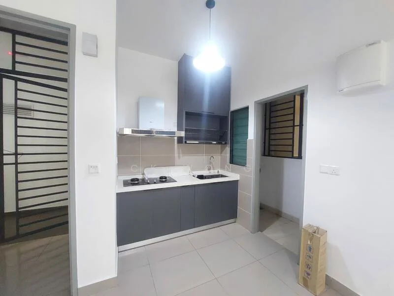Kitchen features: grey cabinetry, white countertop, stainless-steel sink, chrome pull-down faucet, built-in stove with two burners, built-in oven, exhaust hood, tile backsplash, floor-to-ceiling window, light fixture, grey tiled flooring; style: modern.