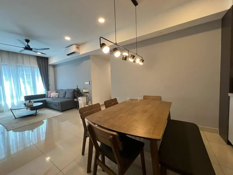 Dining features: 6-seater dining table, wooden dining chairs, black bench seating, pendant light fixture, recessed downlights, white walls, glossy tile flooring, floor-to-ceiling windows with sheer curtains, sofa in grey fabric, area rug, ceiling fan; style: modern.