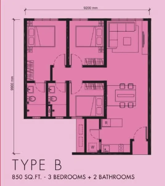 Floor plan: 3-bedroom 2-bathroom unit; features: open-plan kitchen-dining-living, master bedroom with ensuite bathroom, bedroom 2 with shared bathroom, utility room, central foyer, 1 car porch.